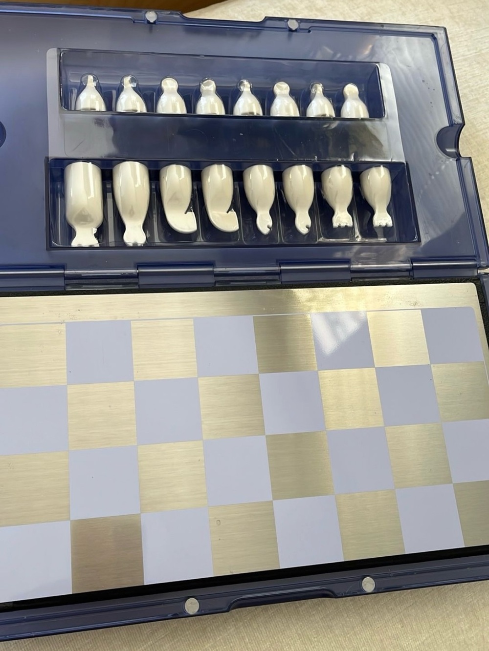 Portable Chess Set with White Plastic Pieces and Metallic-Accent Board